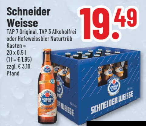Originalangebot: Schneider Weisse TAP 7 Original, TAP 3 Alkoholfrei oder Hefeweissbier Naturtrüb – Preis, Gebinde und Bedingungen im abgebildeten Handzettelausschnitt