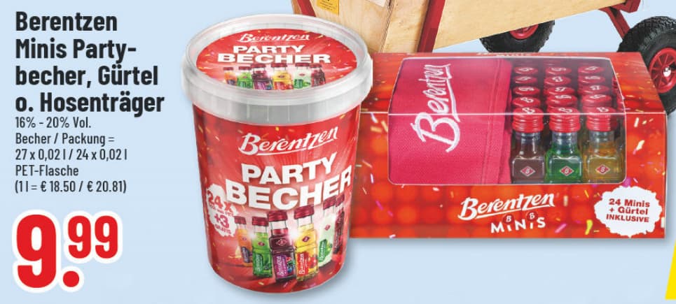 Originalangebot: Berentzen Minis · Partybecher, Gürtel oder Hosenträger – Preis, Gebinde und Bedingungen im abgebildeten Handzettelausschnitt