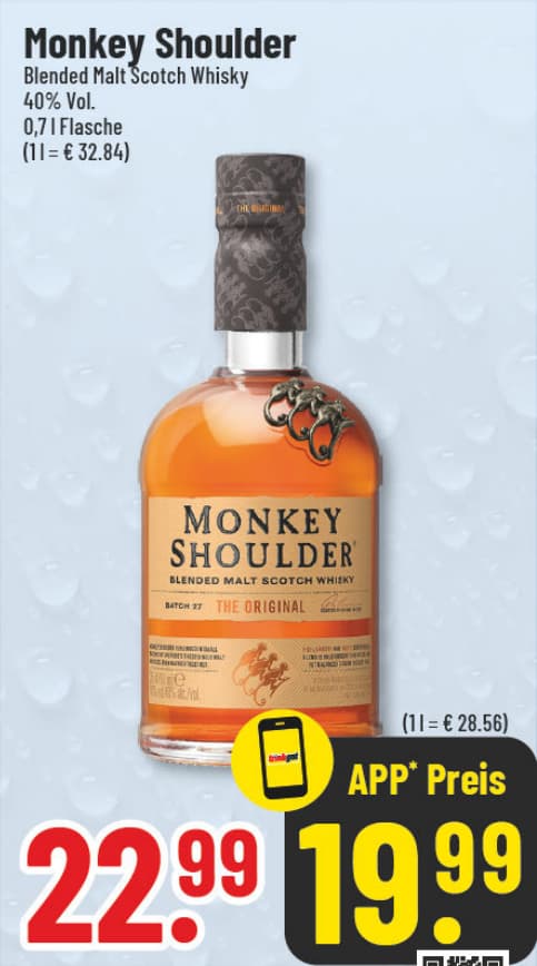 Originalangebot: Monkey Shoulder – Preis, Gebinde und Bedingungen im abgebildeten Handzettelausschnitt