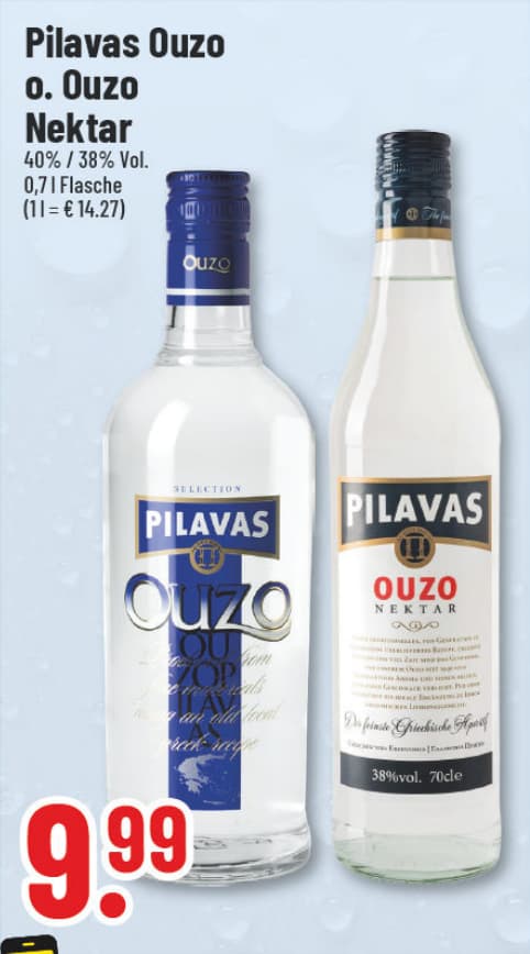 Originalangebot: Pilavas Ouzo oder Ouzo Nektar – Preis, Gebinde und Bedingungen im abgebildeten Handzettelausschnitt