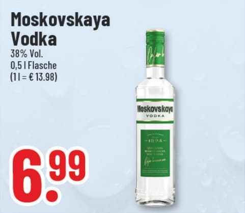 Originalangebot: Moskovskaya Vodka – Preis, Gebinde und Bedingungen im abgebildeten Handzettelausschnitt
