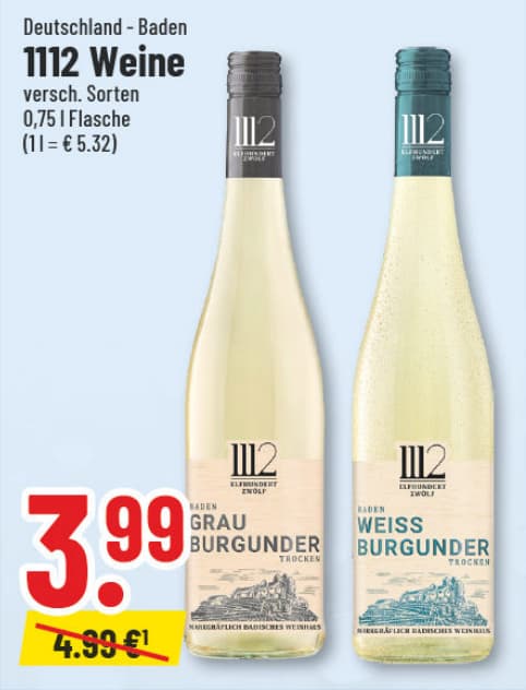 Originalangebot: 1112 Weine · verschiedene Sorten – Preis, Gebinde und Bedingungen im abgebildeten Handzettelausschnitt