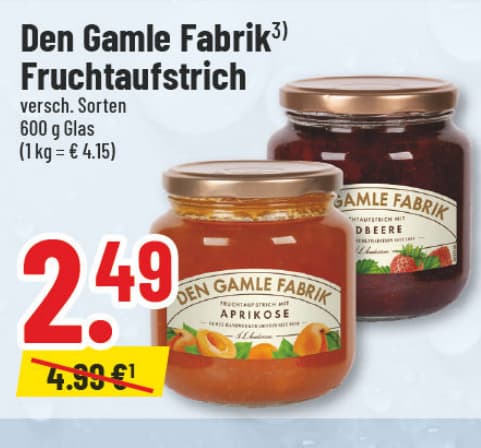 Originalangebot: Den Gamle Fabrik Fruchtaufstrich – Preis, Gebinde und Bedingungen im abgebildeten Handzettelausschnitt