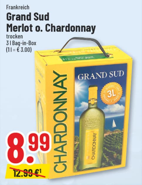 Originalangebot: Grand Sud Merlot oder Chardonnay · 3 l Bag-in-Box – Preis, Gebinde und Bedingungen im abgebildeten Handzettelausschnitt