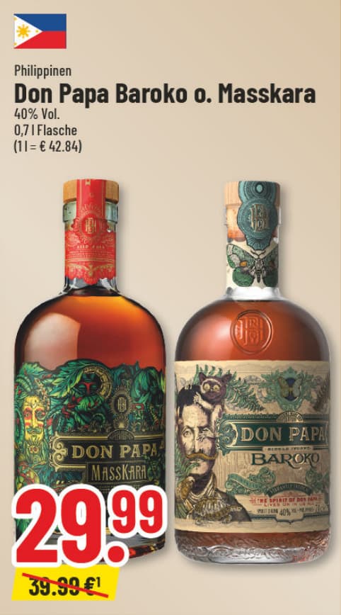 Originalangebot: Don Papa Baroko oder Masskara – Preis, Gebinde und Bedingungen im abgebildeten Handzettelausschnitt