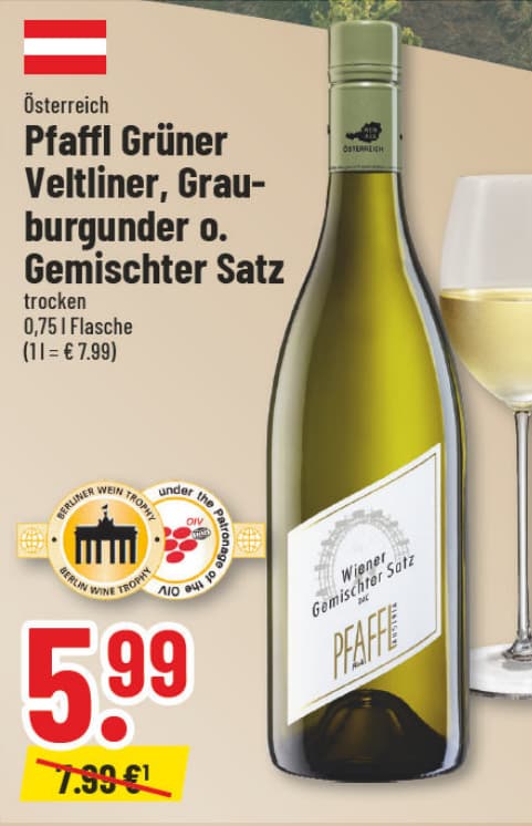 Originalangebot: Pfaffl Grüner Veltliner, Grauburgunder oder Gemischter Satz – Preis, Gebinde und Bedingungen im abgebildeten Handzettelausschnitt