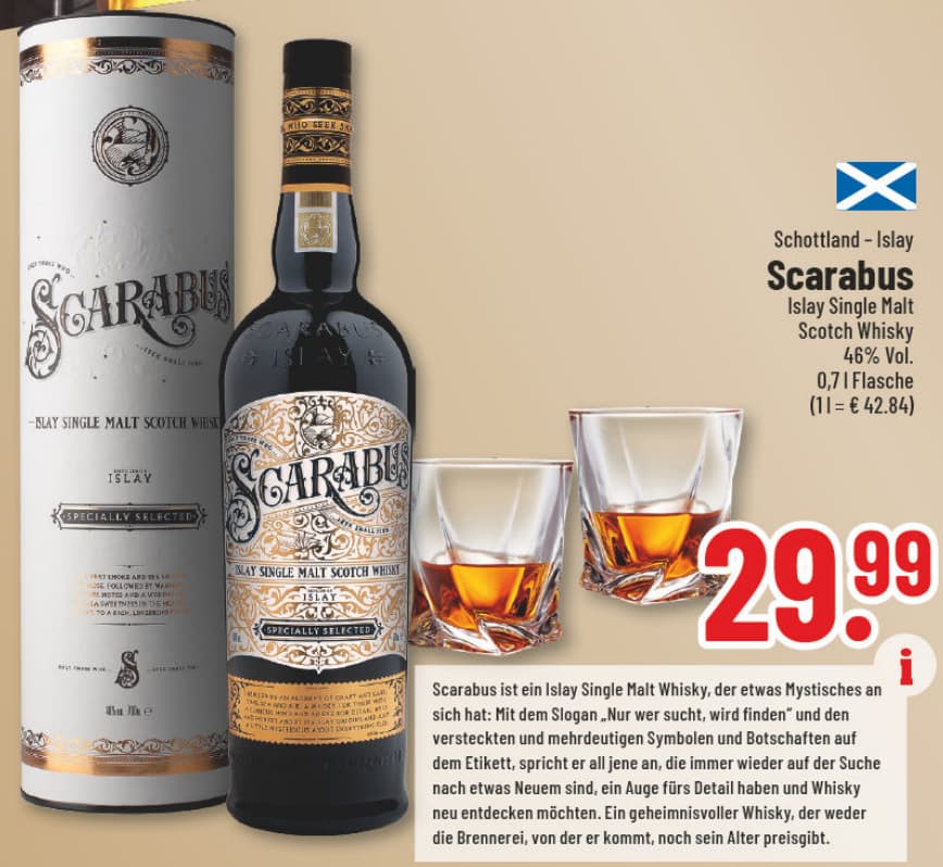 Originalangebot: Scarabus Islay Single Malt Scotch Whisky – Preis, Gebinde und Bedingungen im abgebildeten Handzettelausschnitt