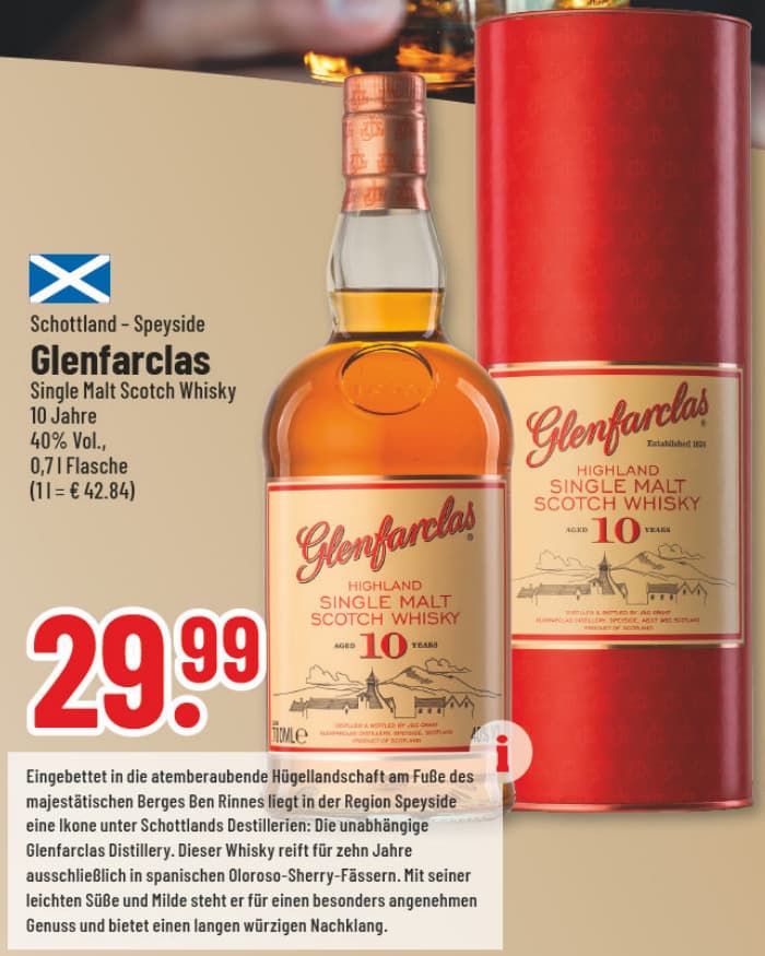Originalangebot: Glenfarclas Single Malt Scotch Whisky 10 Jahre – Preis, Gebinde und Bedingungen im abgebildeten Handzettelausschnitt