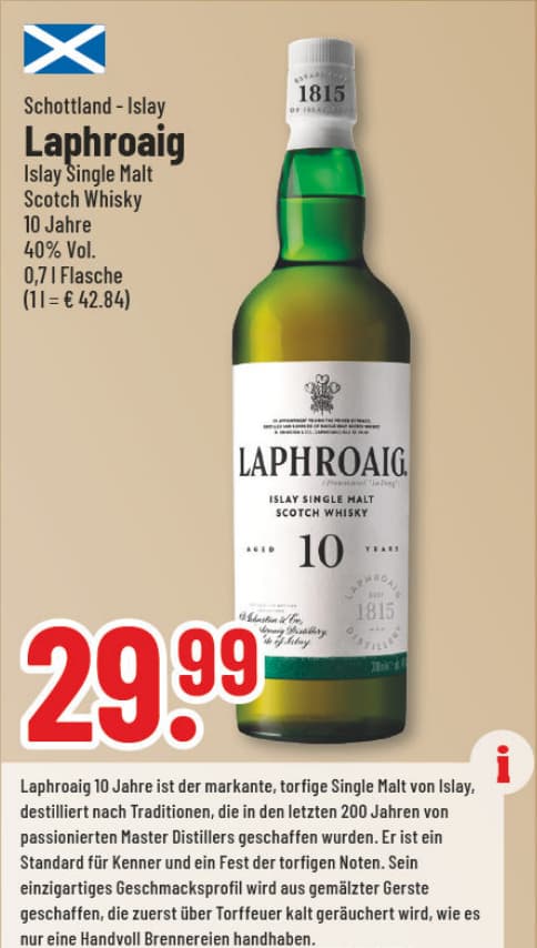 Originalangebot: Laphroaig Islay Single Malt Scotch Whisky 10 Jahre – Preis, Gebinde und Bedingungen im abgebildeten Handzettelausschnitt