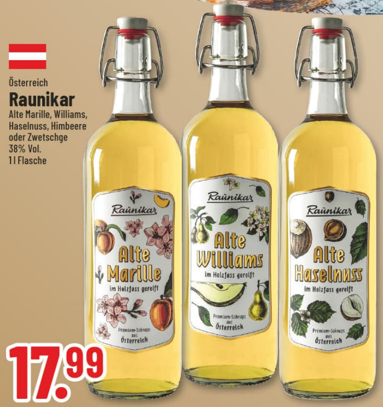 Originalangebot: Raunikar Alte Marille, Williams, Haselnuss, Himbeere oder Zwetschge – Preis, Gebinde und Bedingungen im abgebildeten Handzettelausschnitt