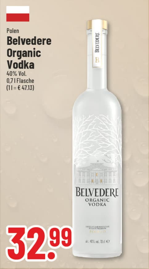 Originalangebot: Belvedere Organic Vodka – Preis, Gebinde und Bedingungen im abgebildeten Handzettelausschnitt