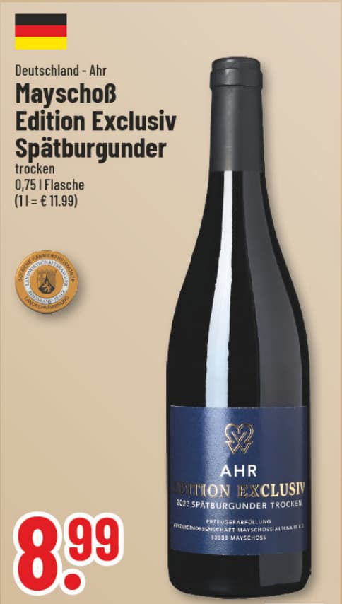 Originalangebot: Mayschoß Edition Exclusiv Spätburgunder – Preis, Gebinde und Bedingungen im abgebildeten Handzettelausschnitt