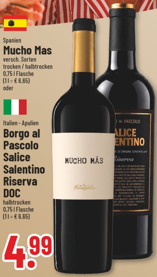 Originalangebot: Mucho Mas oder Borgo al Pascolo Salice Salentino Riserva DOC – Preis, Gebinde und Bedingungen im abgebildeten Handzettelausschnitt