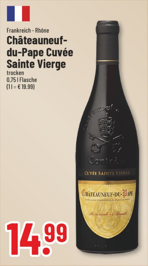 Originalangebot: Châteauneuf-du-Pape Cuvée Sainte Vierge – Preis, Gebinde und Bedingungen im abgebildeten Handzettelausschnitt