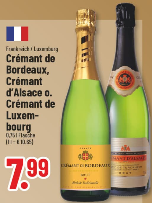 Originalangebot: Crémant de Bordeaux, Crémant d'Alsace oder Crémant de Luxembourg – Preis, Gebinde und Bedingungen im abgebildeten Handzettelausschnitt