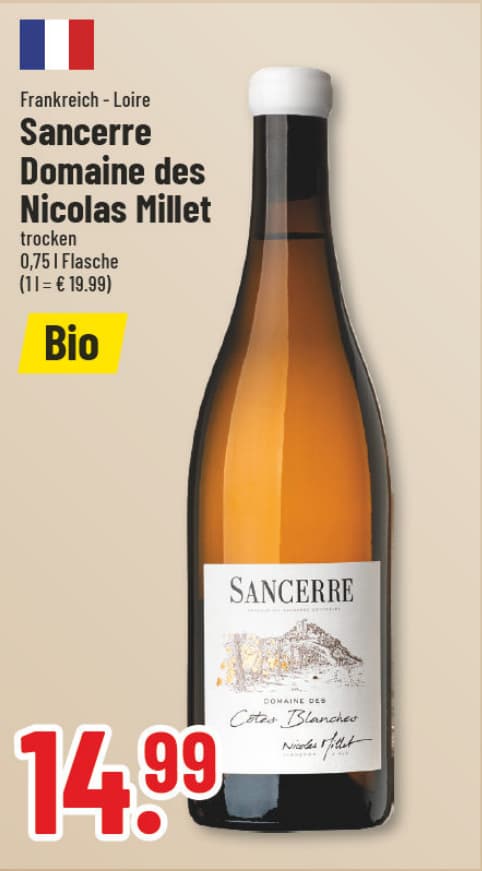 Originalangebot: Sancerre Domaine des Nicolas Millet Bio – Preis, Gebinde und Bedingungen im abgebildeten Handzettelausschnitt