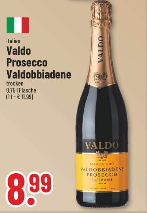 Originalangebot: Valdo Prosecco Valdobbiadene – Preis, Gebinde und Bedingungen im abgebildeten Handzettelausschnitt