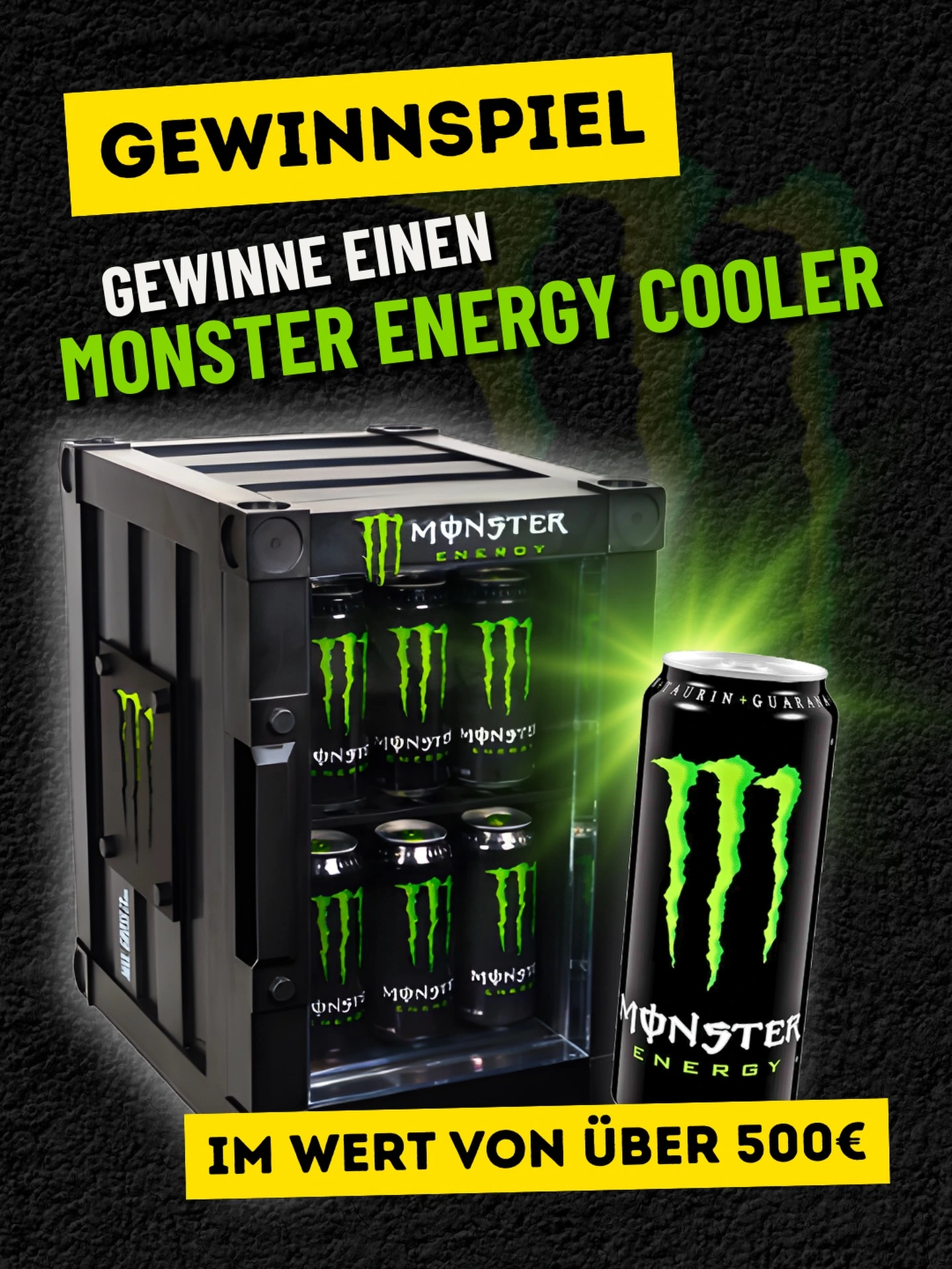 Originele foto bij de winactie: groene Monster Energy Mini Cooler met drankblikjes