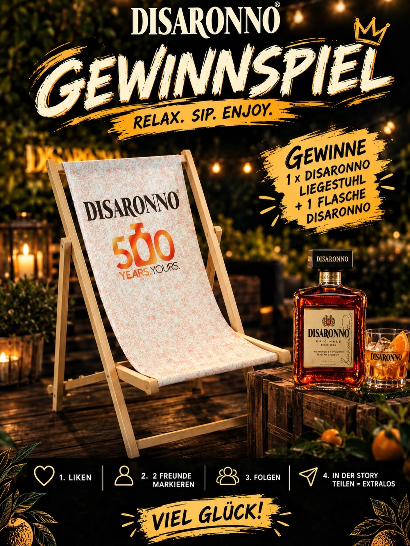 Originele foto bij de winactie: Disaronno-ligstoel en een fles Disaronno