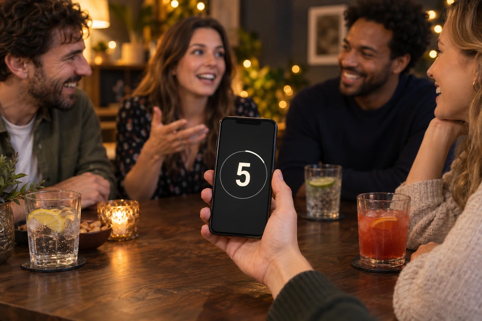 Smartphone met een afteltimer van vijf seconden voor een lachende vriendengroep