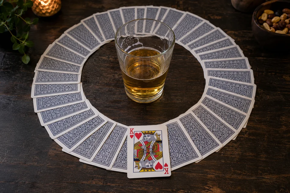 Speelkaarten in een kring rond de Kings Cup