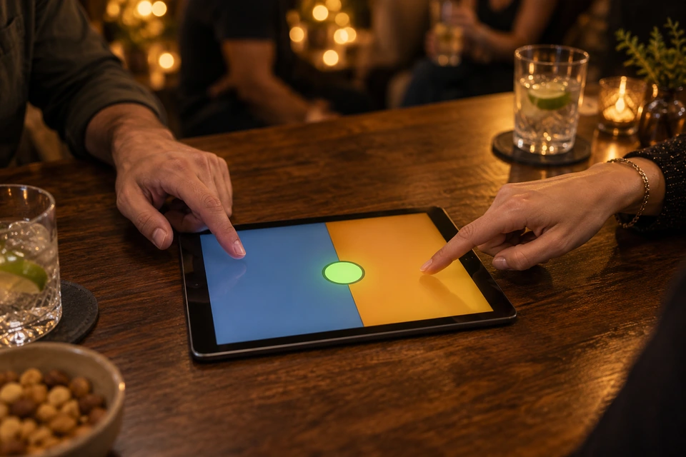 Twee handen klaar voor een reactieduel op een tablet met twee gekleurde speelvlakken