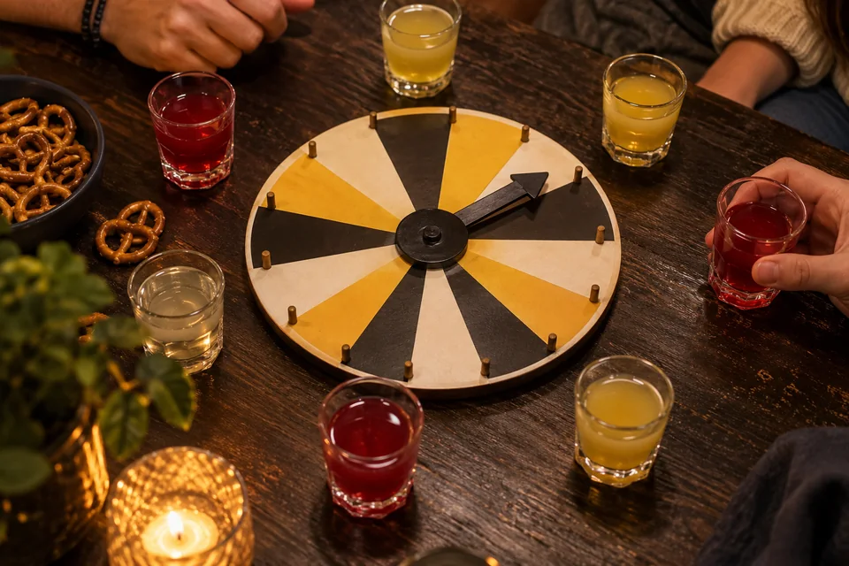 Opdrachtenrad met een aanwijzer en drankglazen