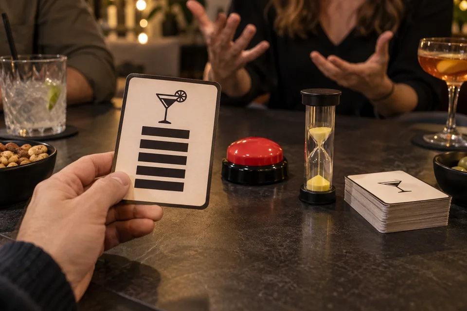 Kaartjes, een zandloper en een buzzer voor Dranken-Taboe