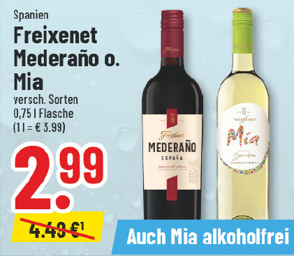 Aanbieding: Freixenet Mederano of Mia (Spanje), verschillende soorten, ook Mia alcoholvrij