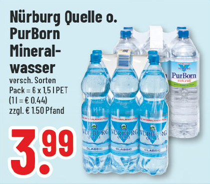 Aanbieding: Nürburg Quelle of PurBorn mineraalwater, verschillende soorten