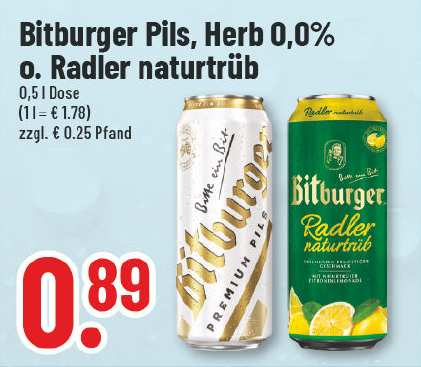 Aanbieding: Bitburger Pils, Herb 0.0% of Radler ongefilterd